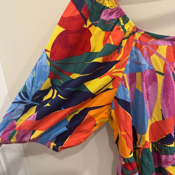 Terra & Sky Multicolor Tropical Leaf Tiered Peasant Blouse Resort Wear Dopamine - Picture 5 of 9